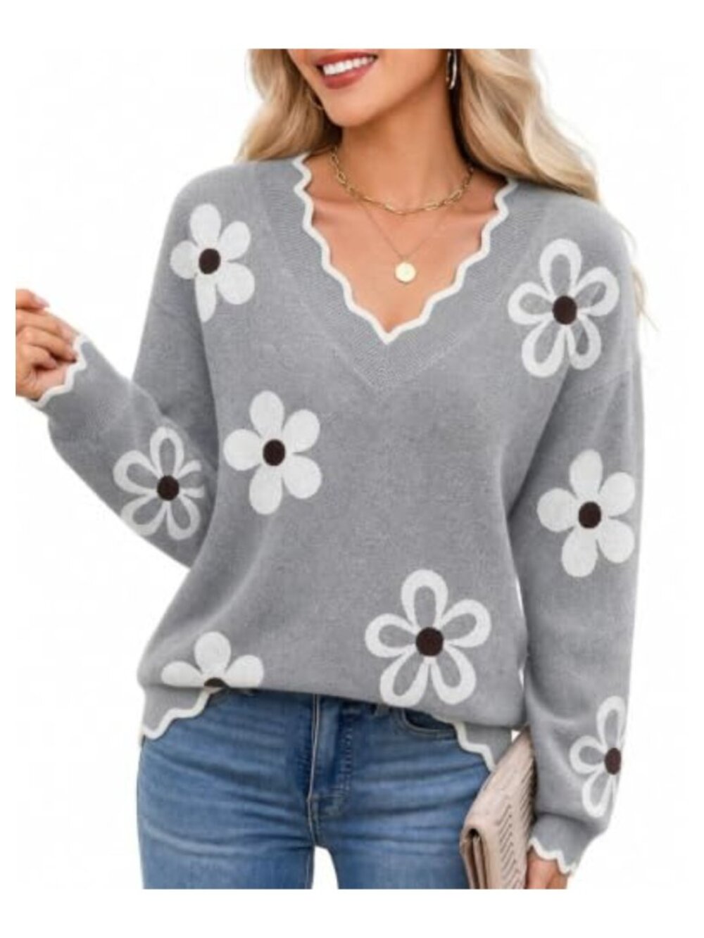 V Neck Long Sleeve Knit Sweater Pullover Top